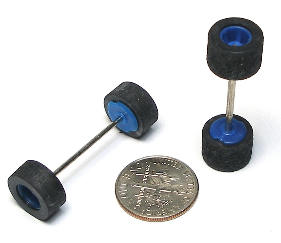 2pc TYCO Slot Car Chassis Wide BLUE FRONT +REAR WHEELS Tires etc Fit MANY BRANDS