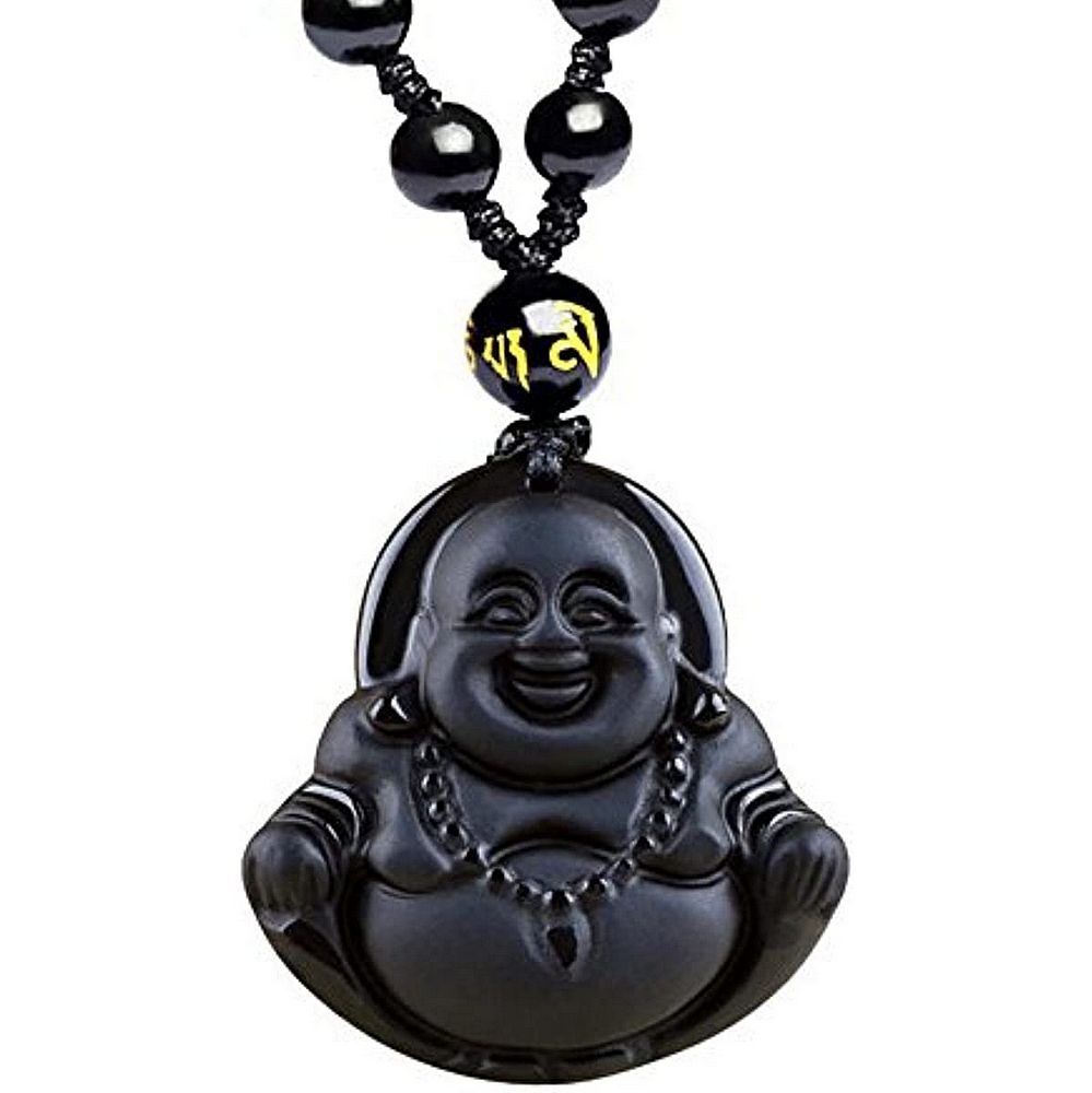 Black Obsidian Laughing Buddha Necklace with Bead Chain