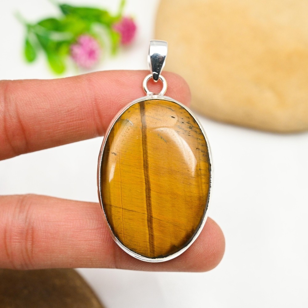Natural Tiger Eye Gemstone Pendant 925 Sterling Silver Handmade Jewelry For Gift