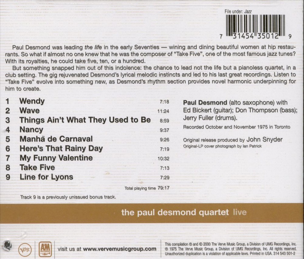 PAUL DESMOND QUARTET PAUL DESMOND QUARTET LIVE NEW CD