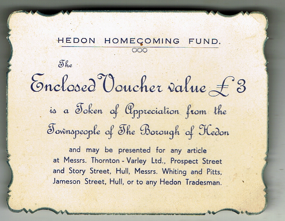 VINTAGE WORLD WAR TWO HOMECOMING FUND VOUCHER: HEDON NR HULL EAST YORKSHIRE: WW2-image