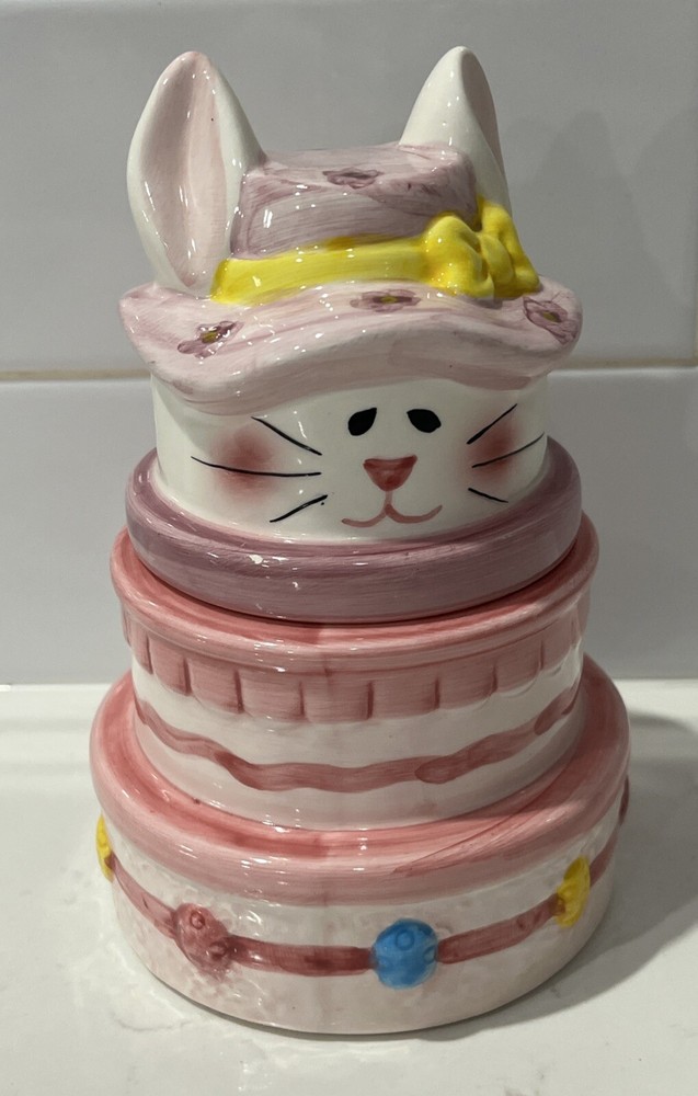 Large Rabbit Bunny Ceramic Trinket Dish/Box with Lid Easter Spring 6”