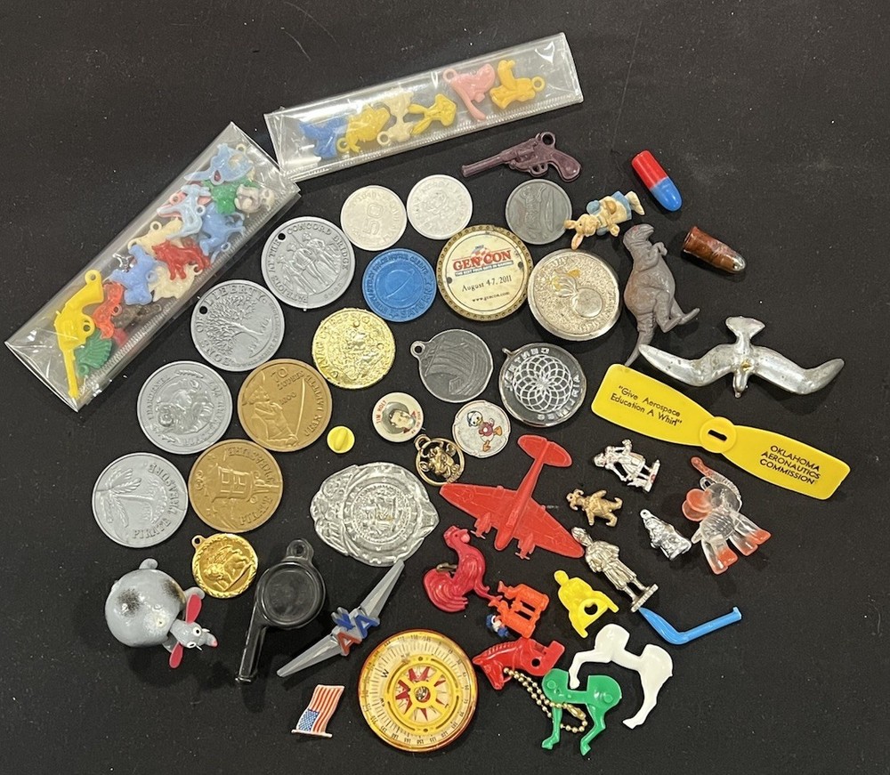 Vintage Kids Cereal Premium Lot Disney Quaker Cracker Jack Toys Coins