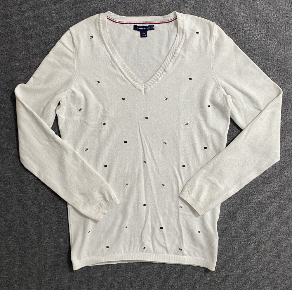Vintage Tommy Hilfiger white V-neck sweater for women size S