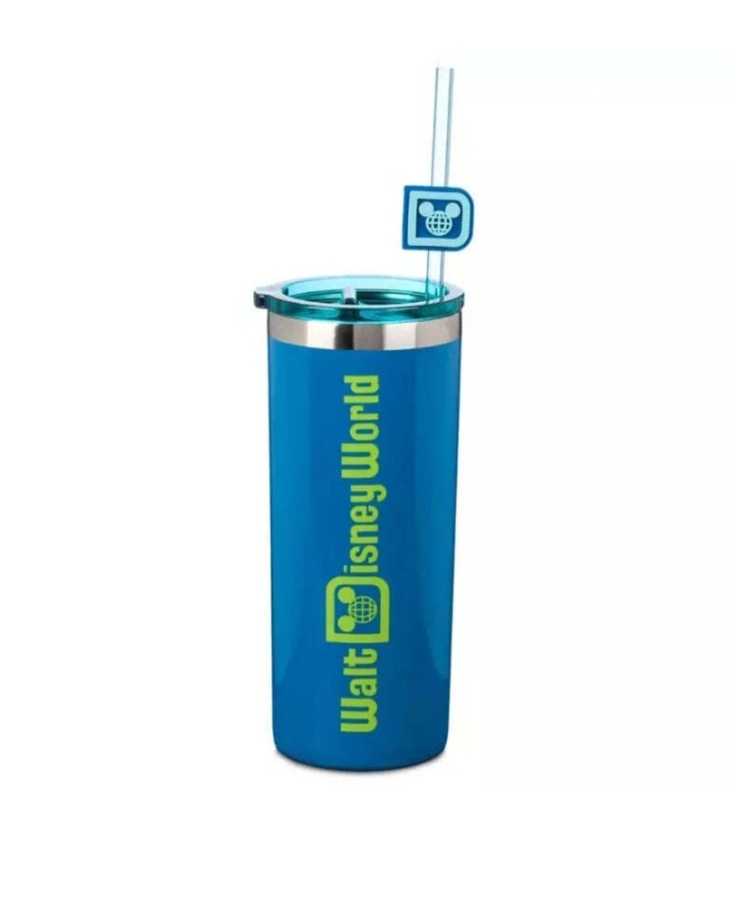 New Disney Parks Stainless Steel Tumbler with Straw Featuring Neon Walt Disney World Logo