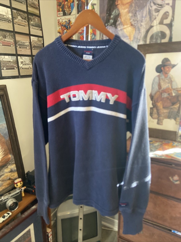 Y2K Tommy Hilfiger Navy Denim Jeans V-Neck Sweatshirt XXL