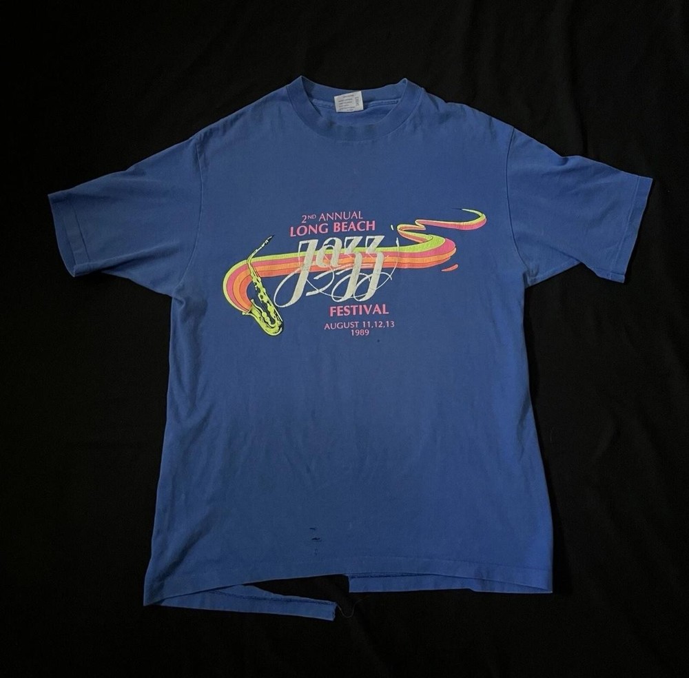 Vintage Long Beach Jazz Festival Shirt Mens Large Blue 1989 Made USA Tee Jays