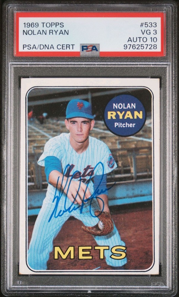 Nolan Ryan 1969 Topps #533 automático PSA 3 con gema como nuevo 10 autógrafo segundo año patio