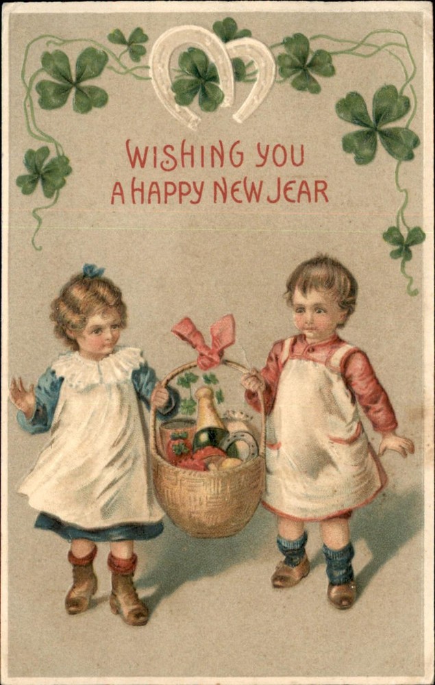 New Years Little Girls Deliver Basket of Goods Luck Embossed Vintage Postcard-image