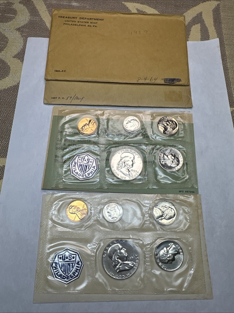 1957 & 1959 US Mint 90% Silver Proof Sets - 10 Coins in Original Envelopes