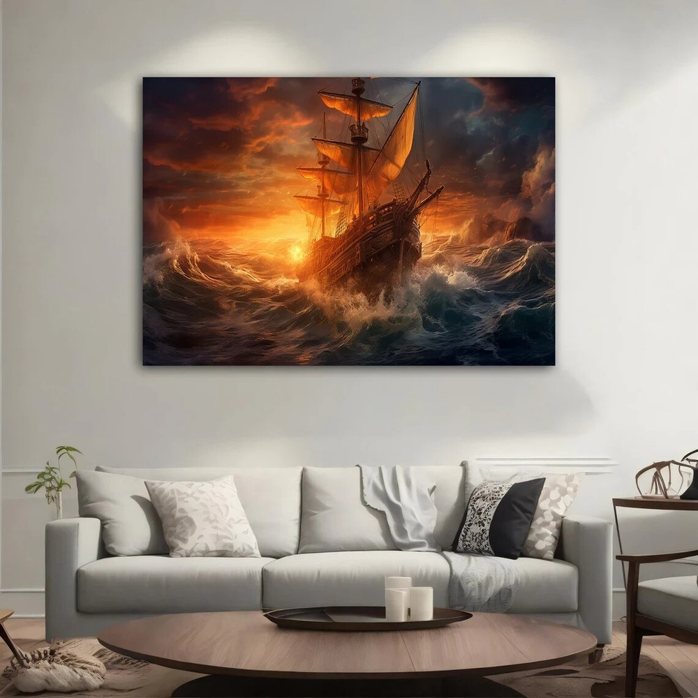Vibrant Sky, Ship in The Ocean Waves Unframed Canvas Print Australian Wall Art