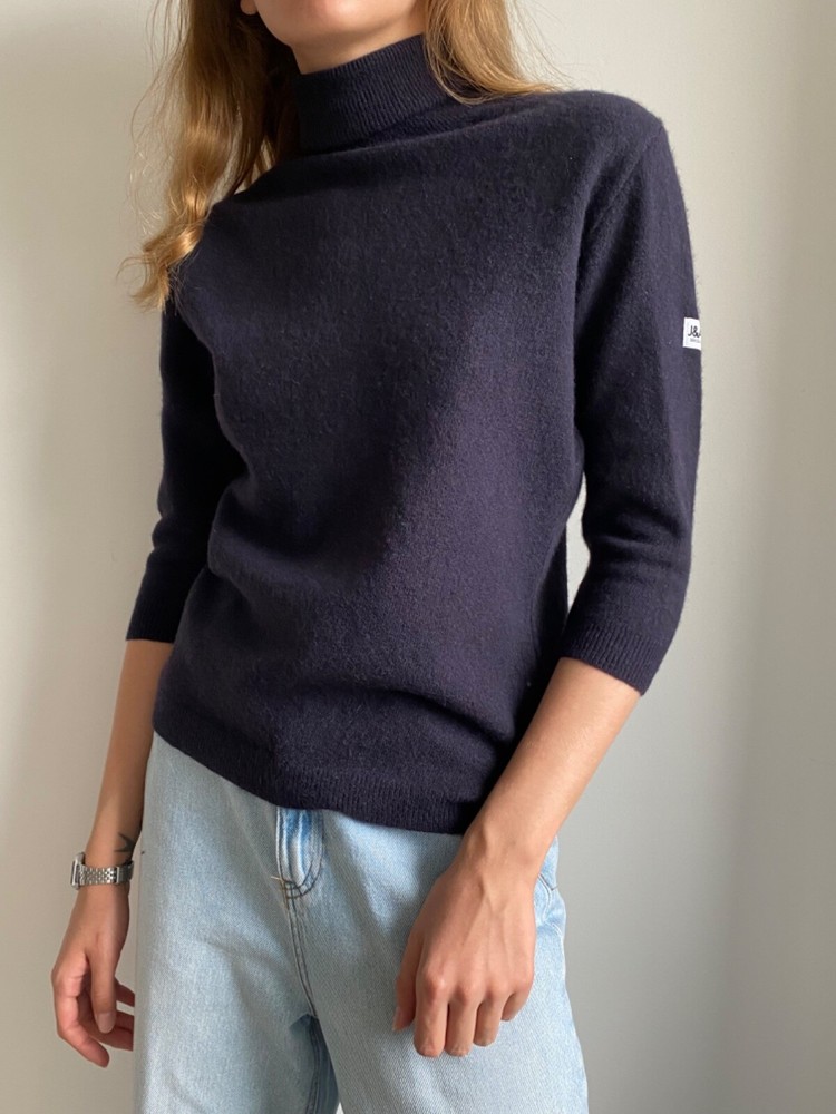 DOLCE & GABBANA 80s VINTAGE WOMEN TURTLENECK SWEATER MERINO WOOL LOGO PATCH BLUE