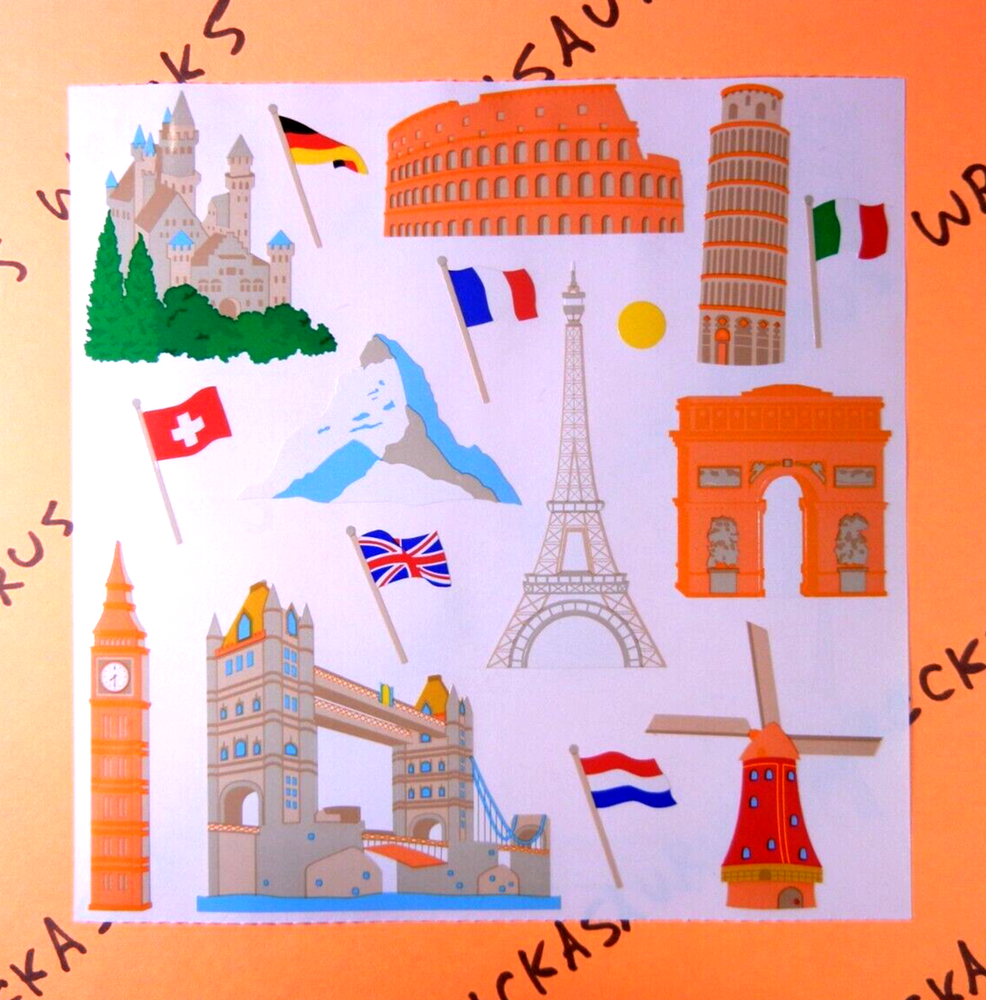 European Landmarks Vintage Mrs. Grossman's Large Sticker Sheet (Flags Right)