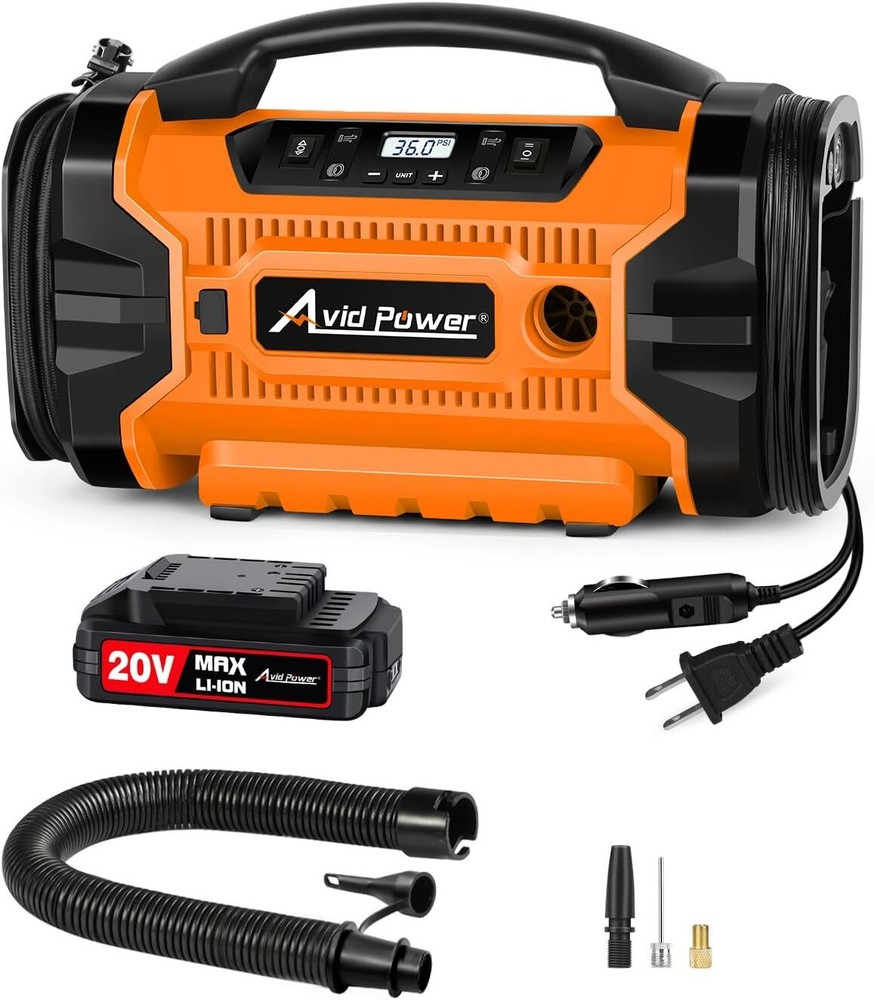 Portable US Tire Inflator Air Compressor with 3 Power Options 110V AC 12V DC 20V Battery