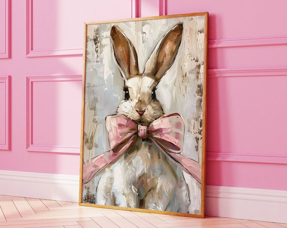 Easter Bunny Rabbit With Pink Bow Painting Spring Nursery Decor Grandmillenial