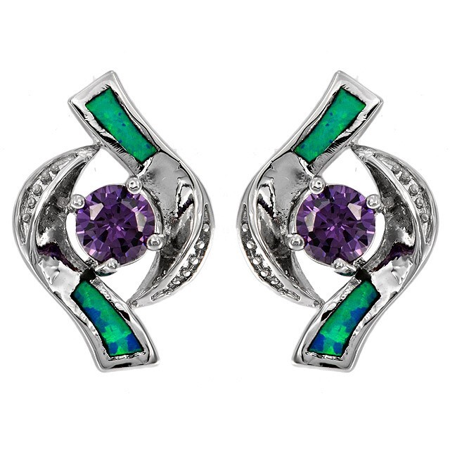 1CT Amethyst & Australian Opal Inlay Sterling Silver Earrings EO1