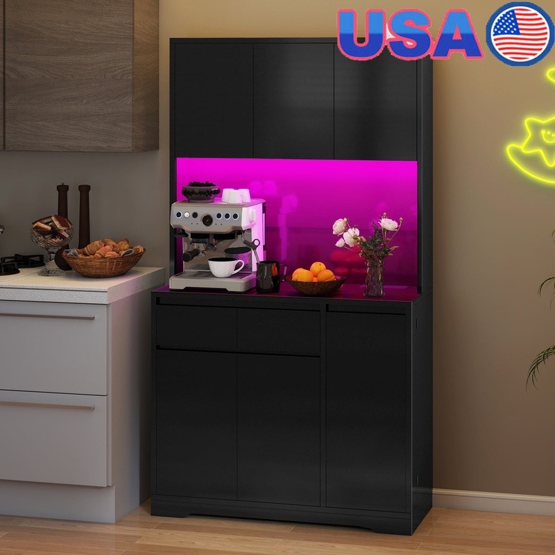 Modern Kitchen Pantry Cabinet with LED Lights, Power Outlets & Storage