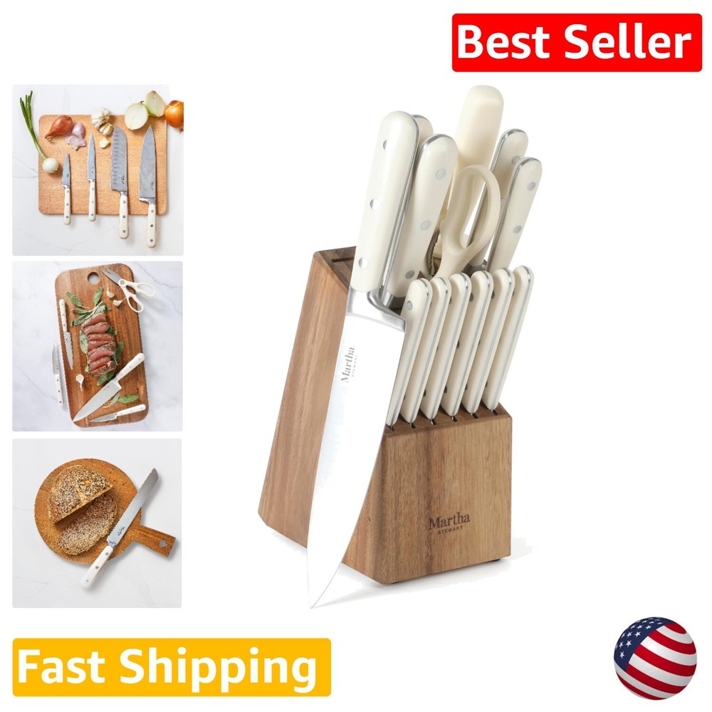Ergonomic Handle Stainless Steel Cutlery Set with Acacia Wood Block - 14 Pieces