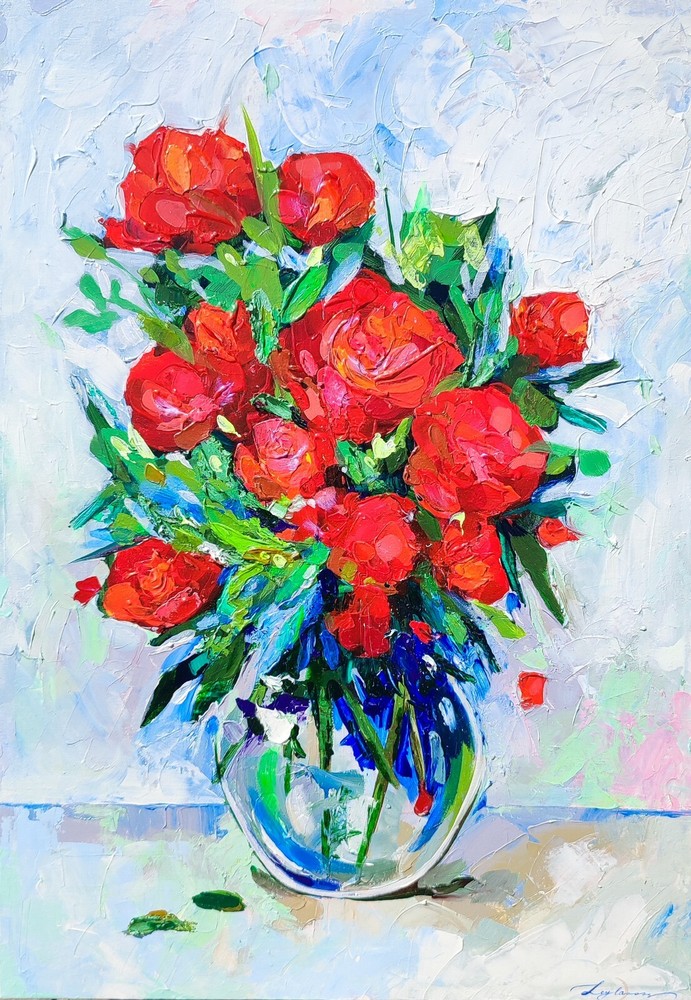 Original Acrylic Painting Bouquet Of Red Roses Painting 3d Flowers Painting