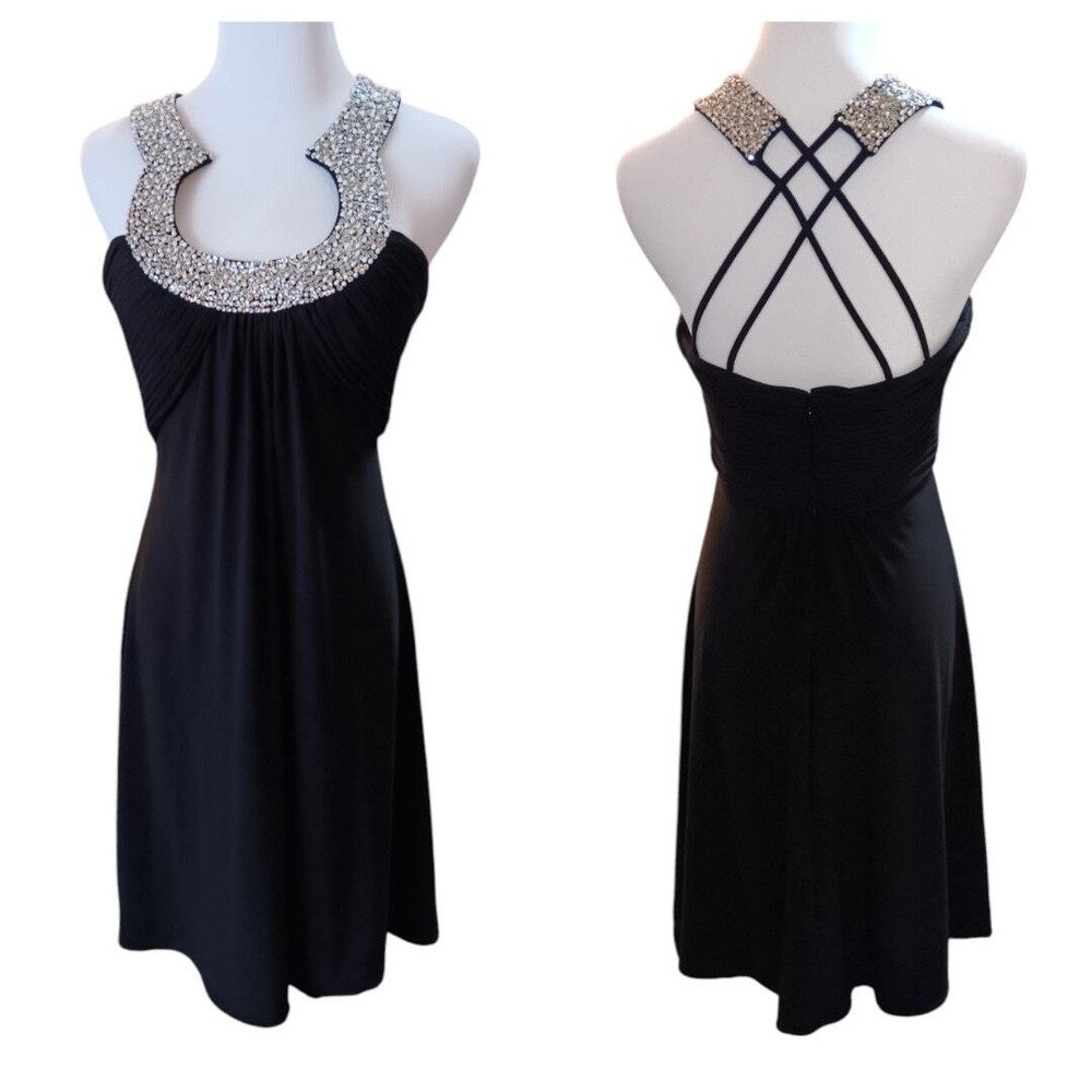 JS BOUTIQUE Cocktail Party Dress Molded Cups Beaded Size 6 Mini Knee Strappy