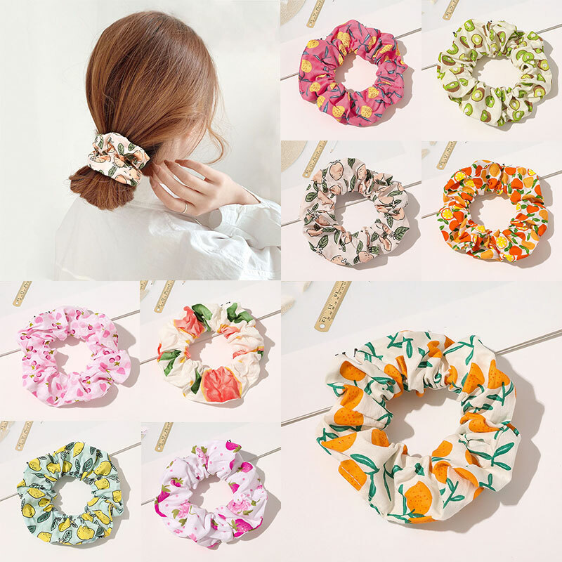 Colorful Women’s Fruit Print Scrunchies with Elastic Rubber Hair Bands