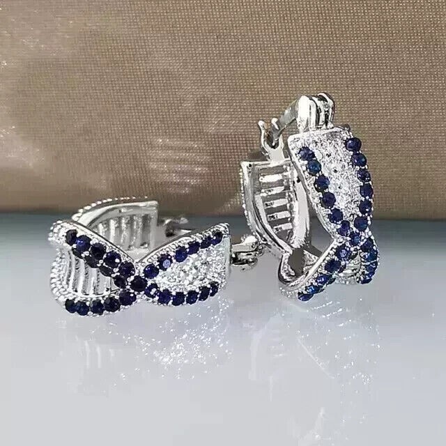 2Ct Round Cut Simulated Sapphire Women's Hoop Earring In 14K White Gold Plated