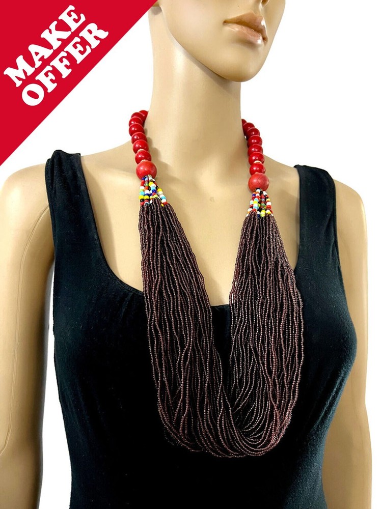N7588 statement multi strand seed beaded tribal ethnic boho festival Necklace