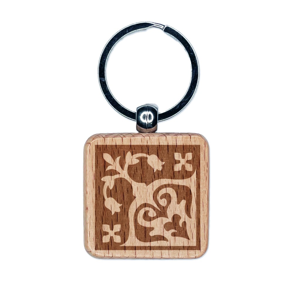Arabesque Floral Engraved Wooden Square Keychain Charm Tag  