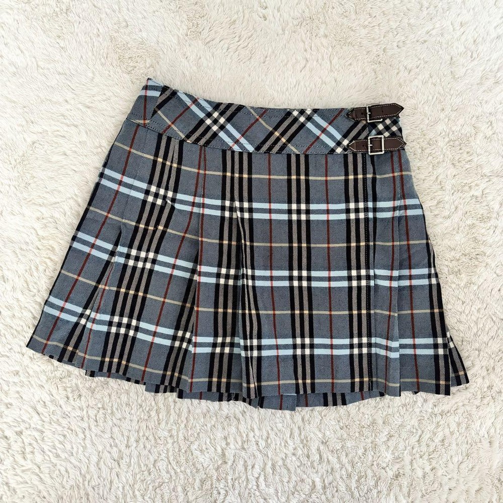 Burberry Blue Label Nova Check Wool Pleated Skirt with Buckle Size M