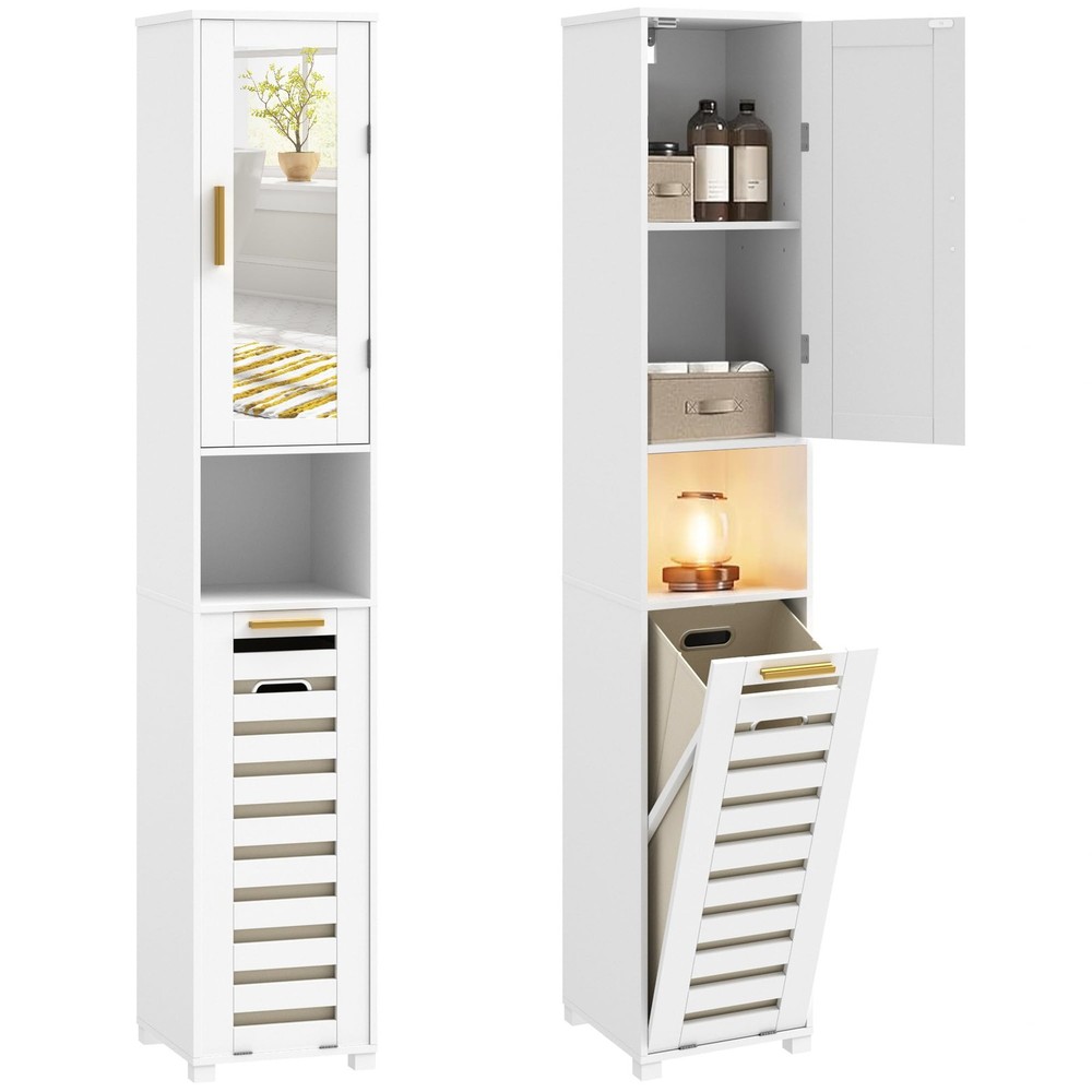 VECELO Freestanding Tall Bathroom Storage Cabinet with Mirror and Hidden Basket