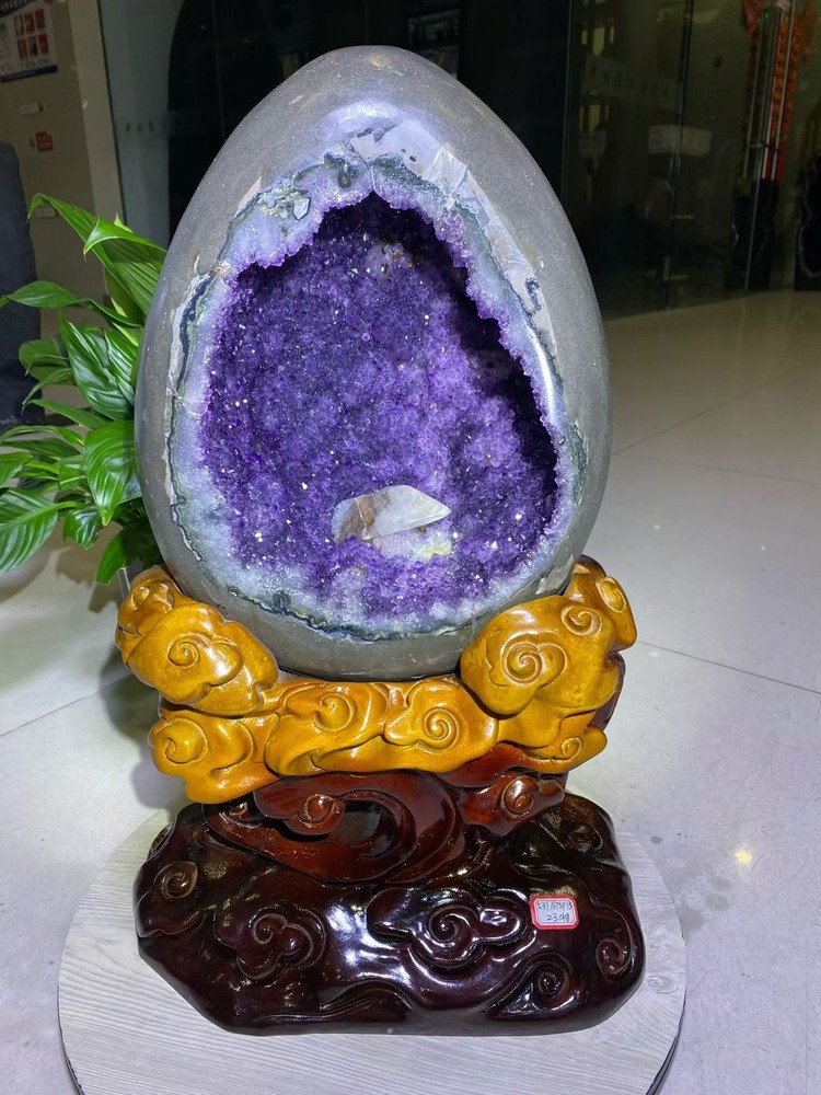 50.5LB Top Natural Amethyst Geode Dinosaur Egg Healing Reiki Home Decor + Stand