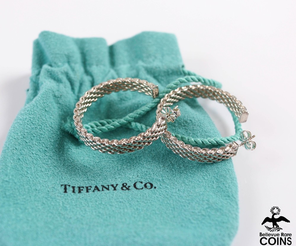 Tiffany & Co. Sterling Silver Mesh Weave Large Hoop Earrings w/Pouch