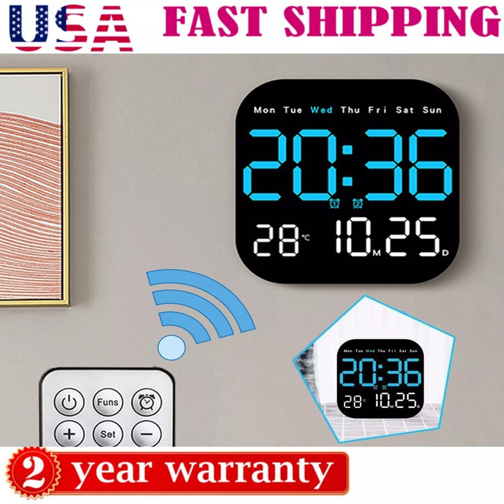 Square LED Large Digital Wall Clock Remote Control Temperature Date Week Display