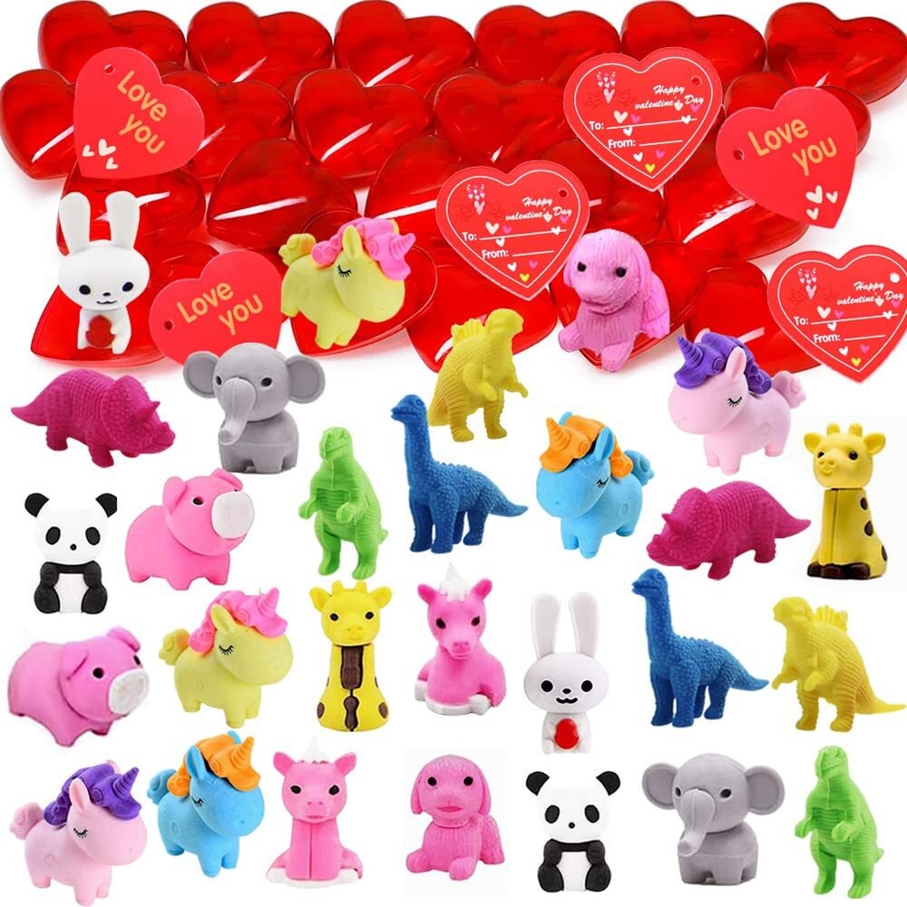 28 Packs Kids Valentines Party Favors Set with Animals Puzzle Erasers Filled ...