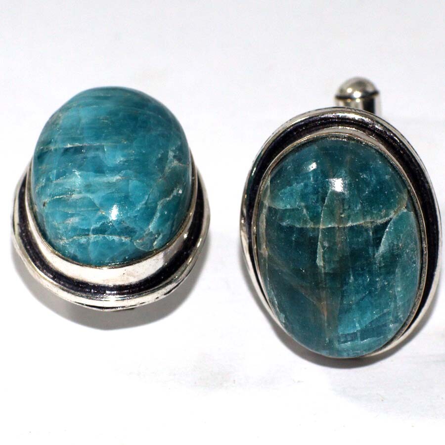 925 Silver Plated Blue Apatite Ethnic Cufflinks - 1 Inch Jewelry JW