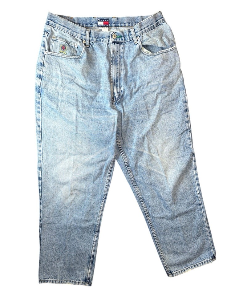 Vintage 90s Tommy Hilfiger baggy blue jeans mens size 36x30 flag logo spellout