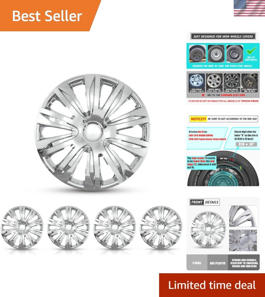 16 Inch Chrome Snap-On Hubcaps Set of 4 for Cars Trucks SUVs Wheel Rims