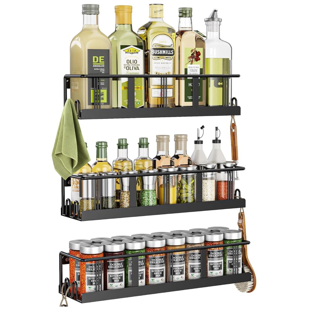 Elegant 3-Pack Black Wall-Mounted Spice Rack - Space-Saving Kitchen Storage Organizer