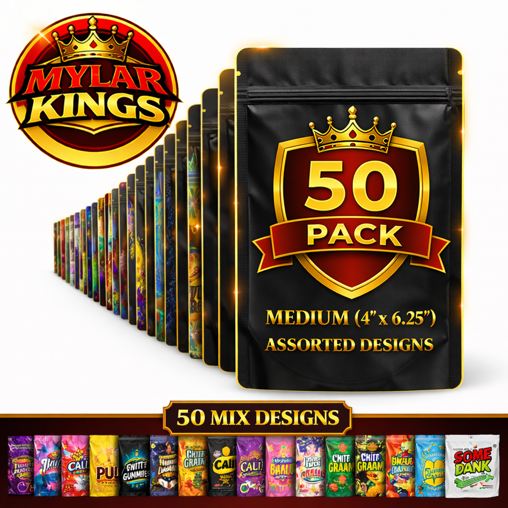 50 Pack Large Smell Proof Foil Storage Pouches 6” x 8” Mix Designs Zip Bags