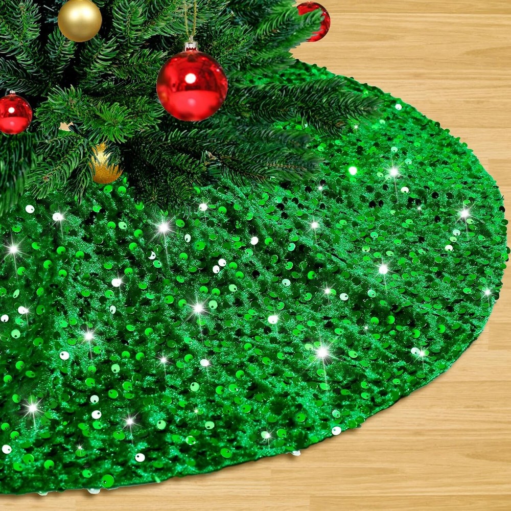 Green Christmas Tree Skirt 36 Inch Glitter Xmas Tree Cover Soft Velvet Fabric fo