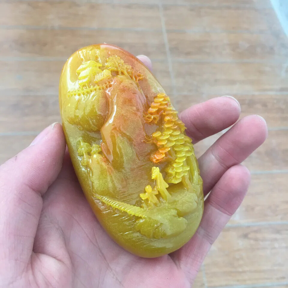 Yellow Dragon Jade Pendant Raw Stone Landscape Handle Decorative Ornament