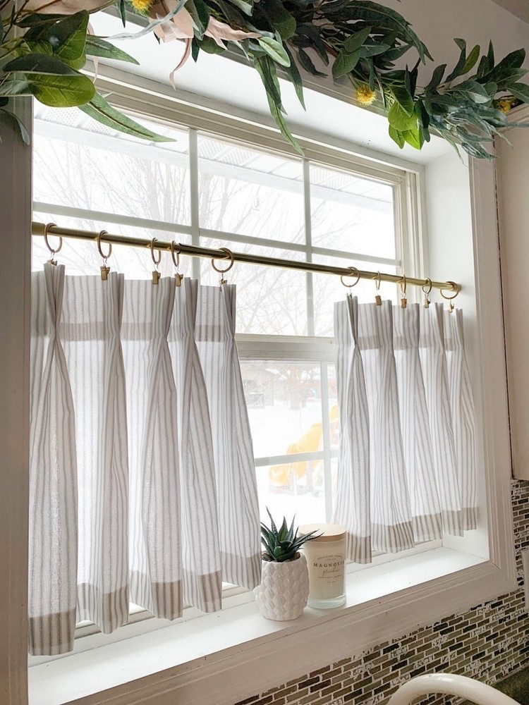 Pleated Ticking Striped Cafe Curtain Tier for Kitchen or Dining Room