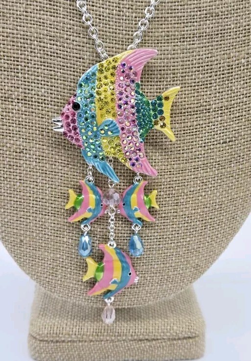 Kirks Folly Fantasy Fish Necklace sterling Silver tone Multicolored Statement