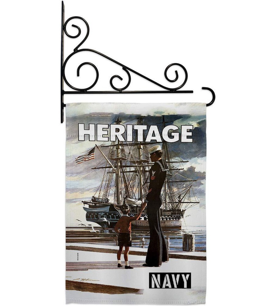 Heritage US Garden Flag Set Wall Holder Armed Forces Navy USN Seabee United S...