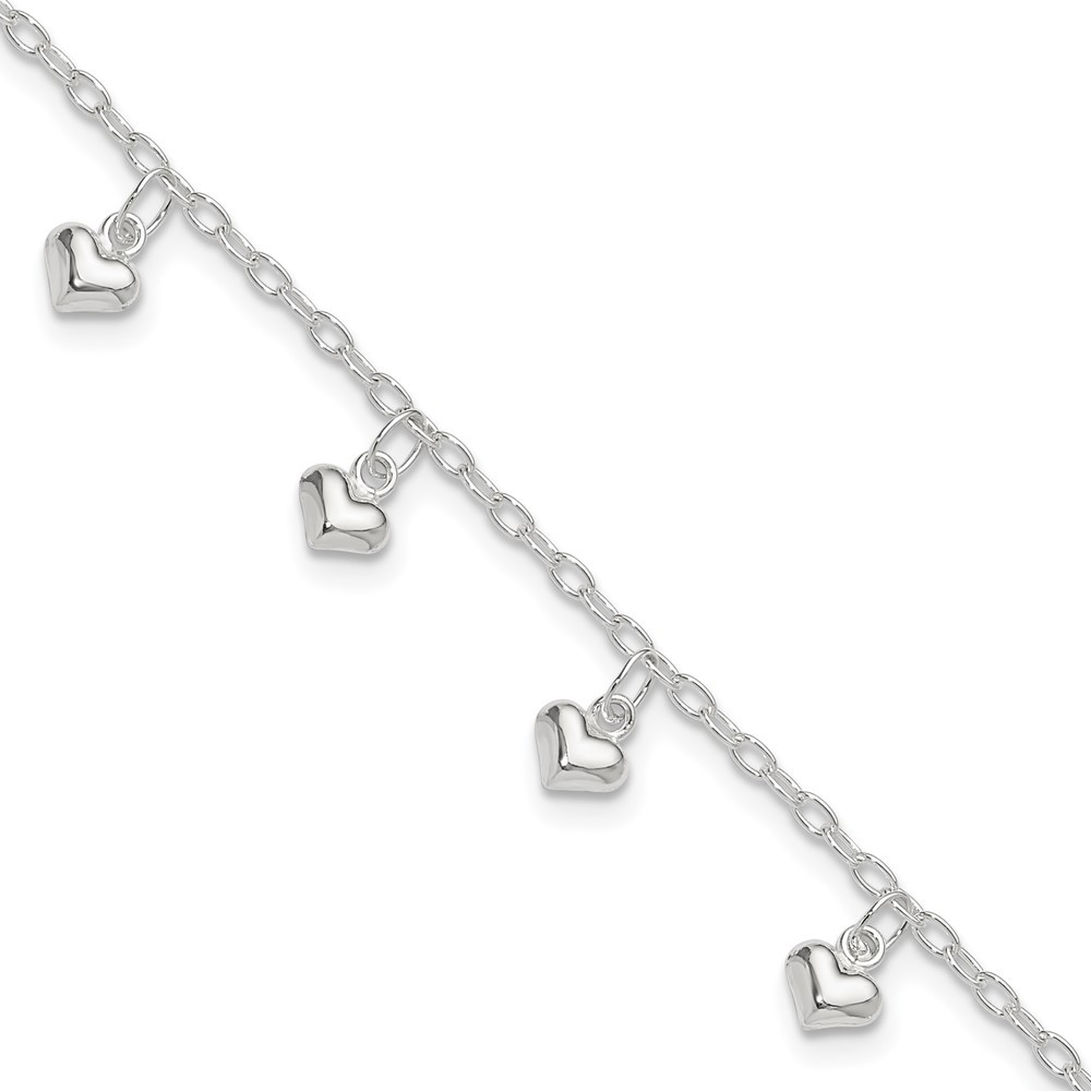925 Sterling Silver Shiny Puffed Heart Anklet 10 Inch 3.6g
