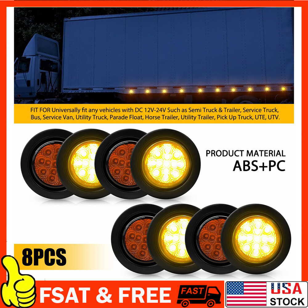 8pc 2.5-Inch DOT Round Amber LED Trailer Marker Lights with Grommet for Trucks