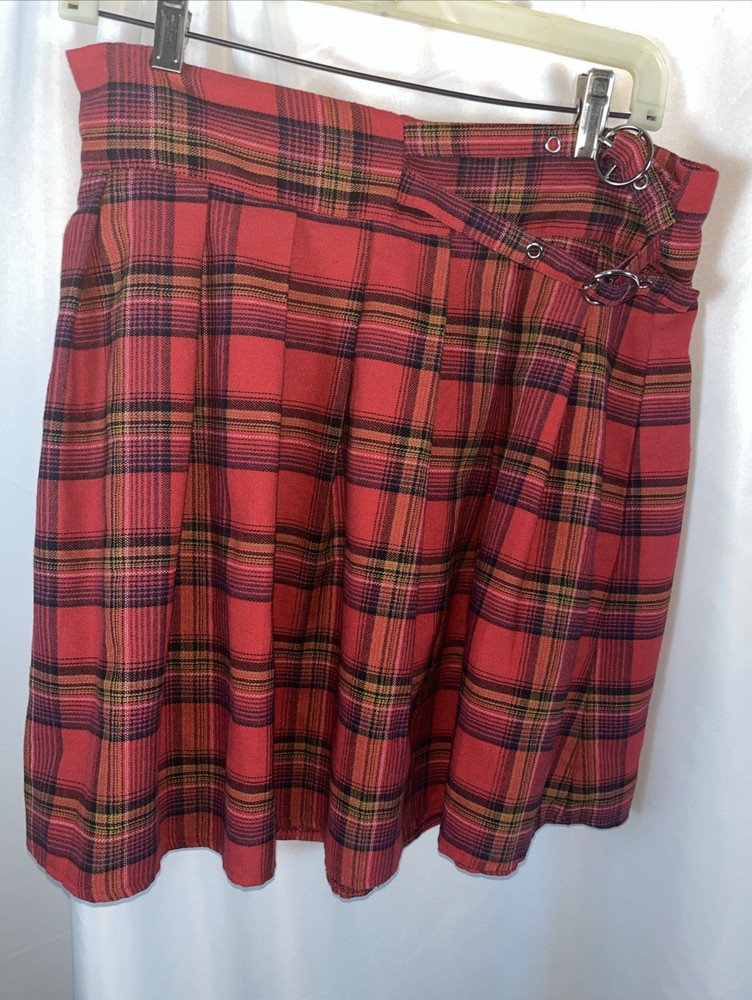 Red Plaid Mini Skirt With Buckle Size XL Punk Grunge Academic School Girl