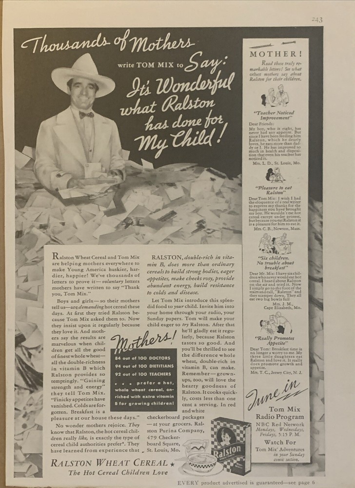 1935 Ralston Wheat Hot Cereal Tom Mix PRINT AD Mothers Children Love VTG 1930s