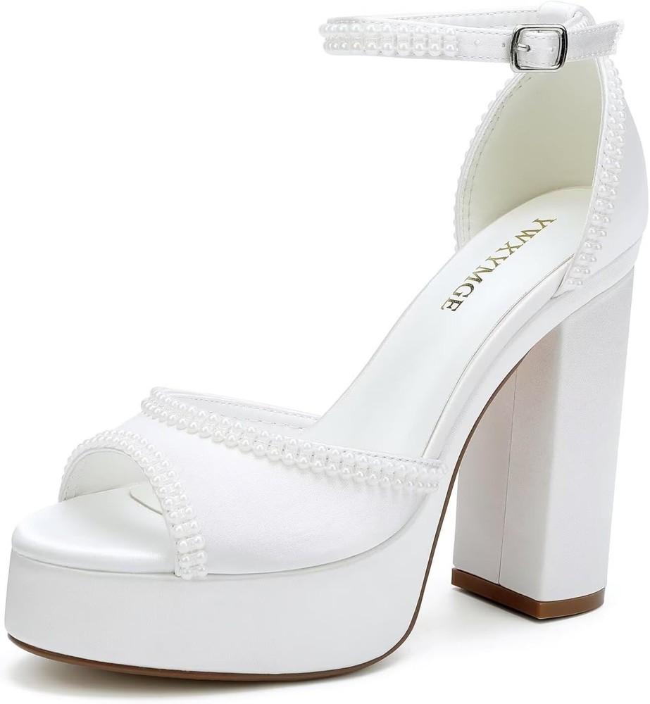 Platform Heels Wedding Shoes for Bride Ankle Strap Bridal Heeled Sandals...