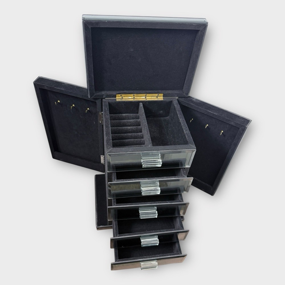 Mirrored Jewelry Box Organizer 4 Drawer Storage Case Necklace Ring Elegant Sleek